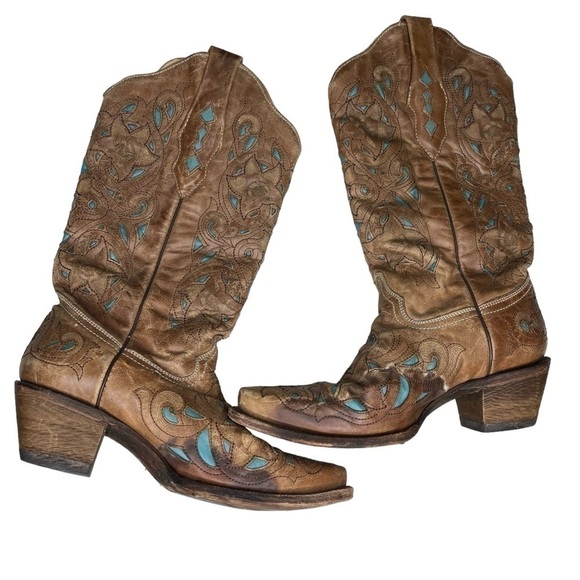 Vintage Corral Crater Turquoise Inlay studded laser cut western womens boot Sz 8 - Picture 2 of 9